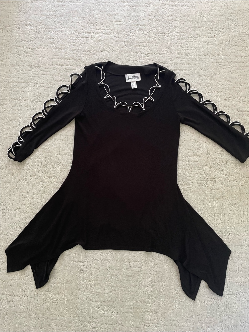Joseph Ribkoff Black Tunic White Loops Shark Bite Hem Women's Lagenlook Size 4 - Picture 3 of 7